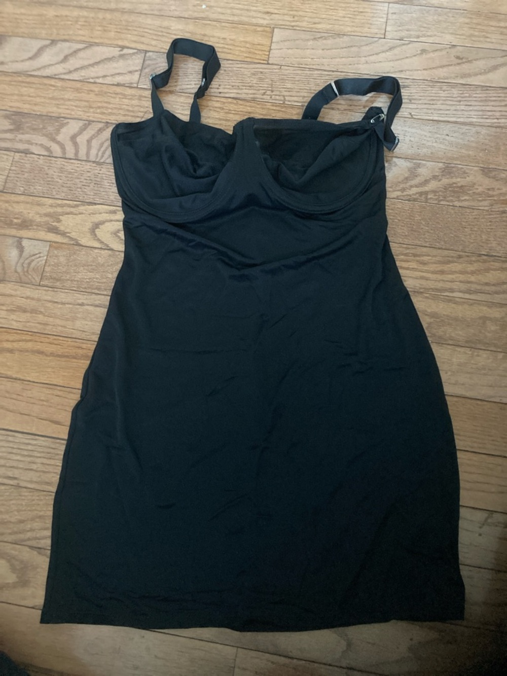 Black Shaping Slip Dress with Adjustable Straps left strap detached